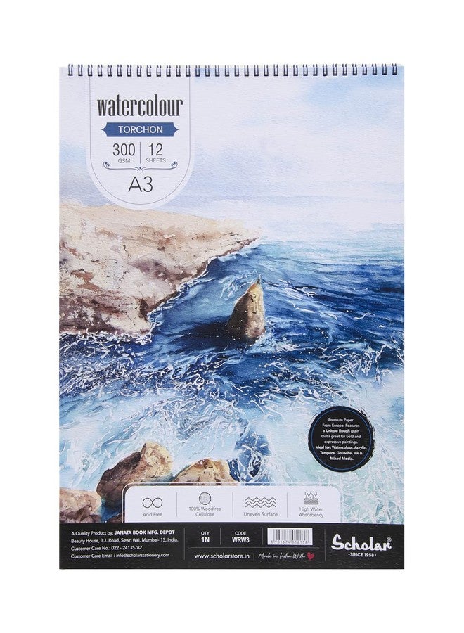 Scholar Watercolor Torchon Pad (Wire-O) (12 Sheets 300 GSM Rough Textured Special Watercolour Paper) (A3) - Image 1